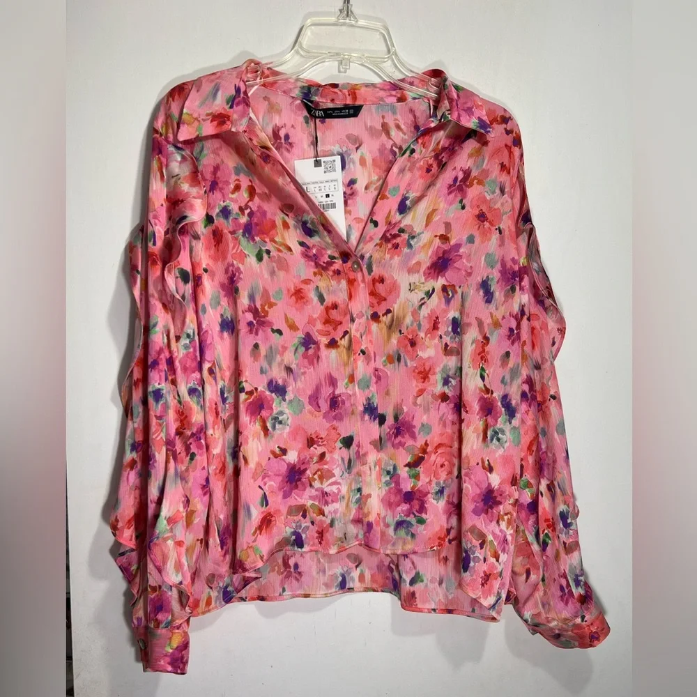NWT ZARA pink floral print ruffled blouse size L - Picture 4 of 12